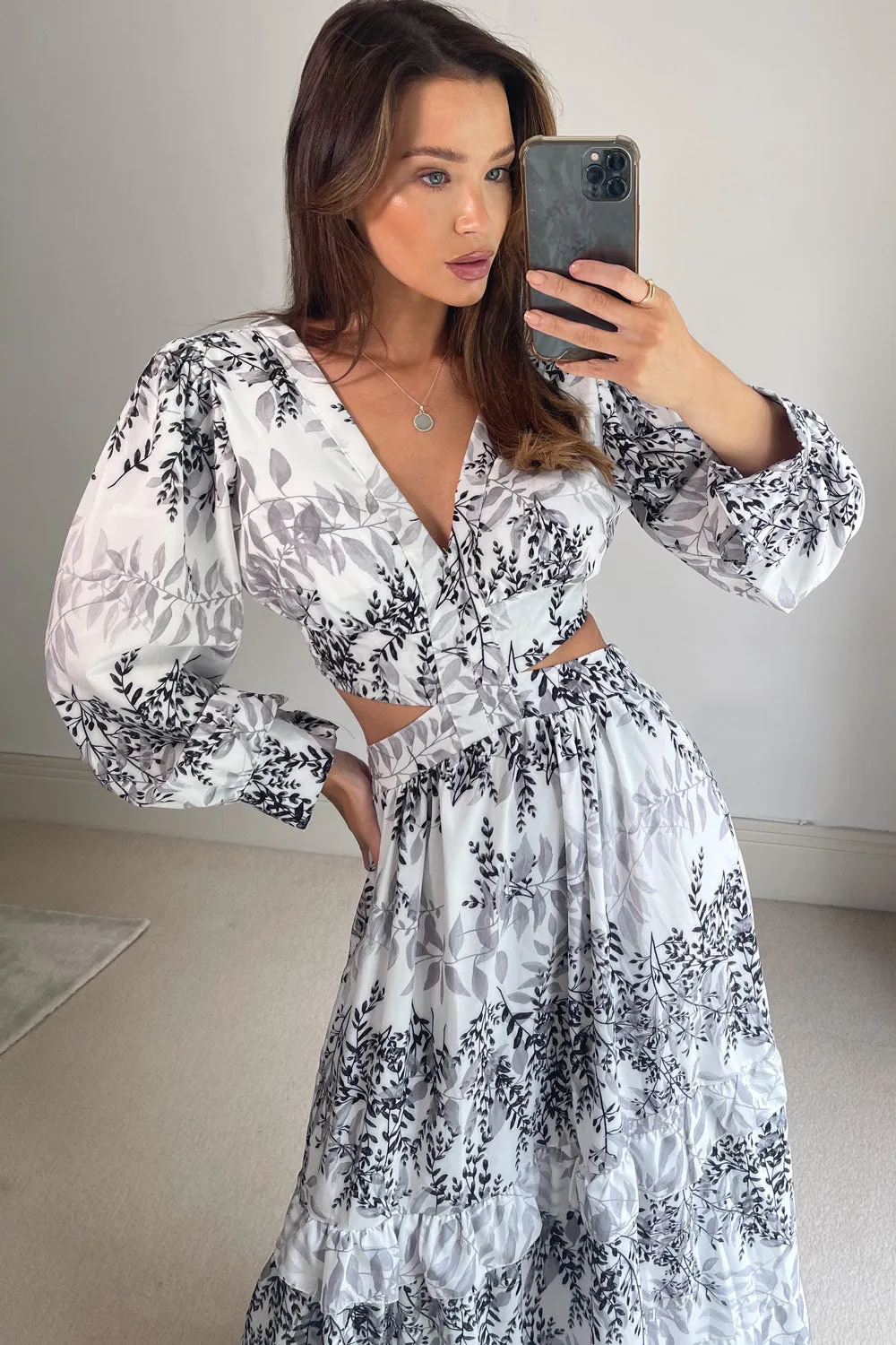 Black Floral Print Cut Out Frill Maxi Dress