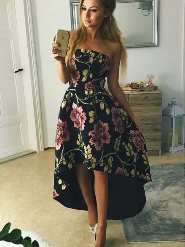 Black Floral Prints Satin High Low Strapless Prom Dresses,PD00315