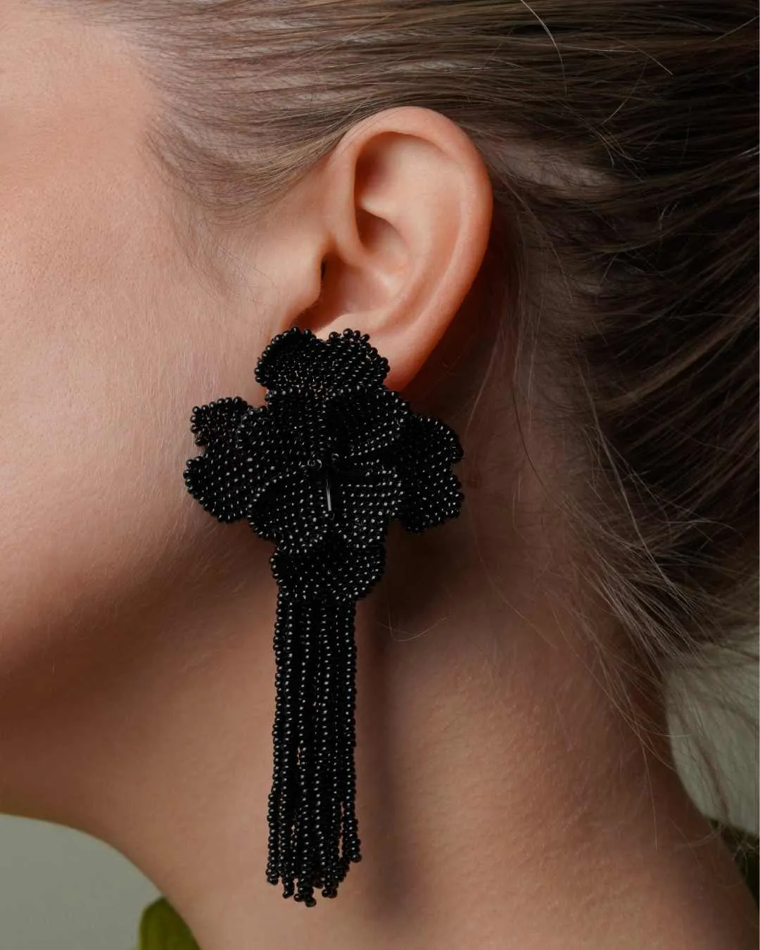 Black Flower Tassel Earrings