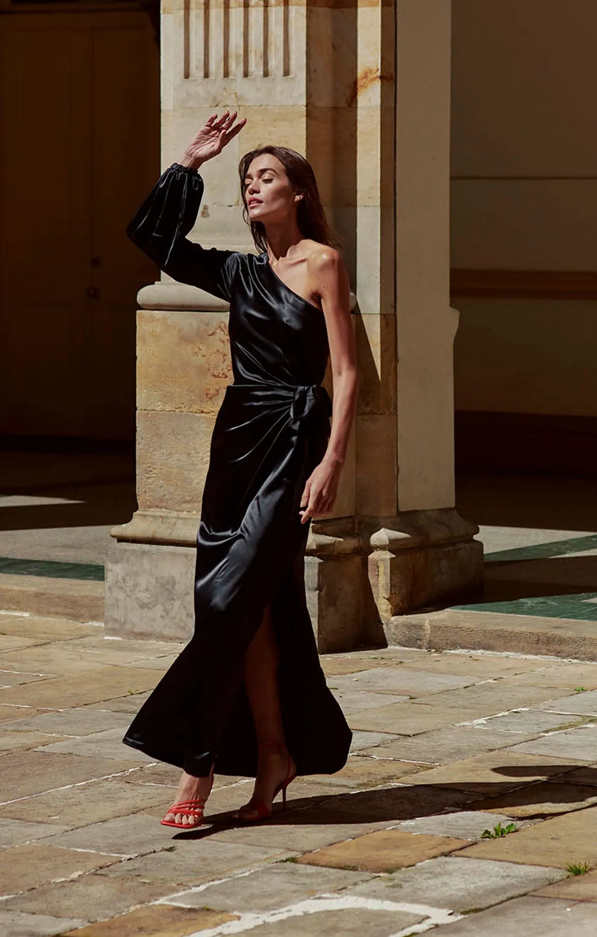 Black One-shoulder Satin Maxi Dress