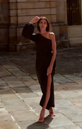 Black One-shoulder Satin Maxi Dress