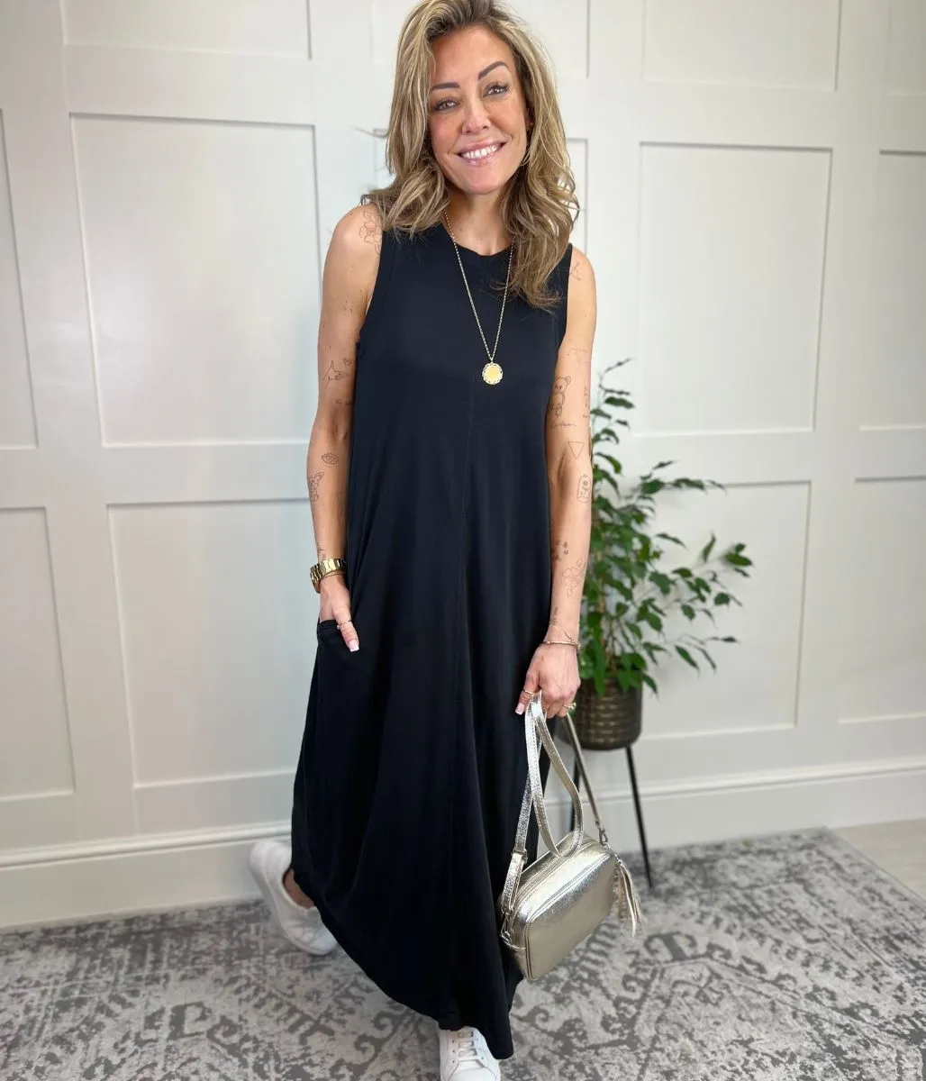 Black Sleeveless Jersey Midi Dress