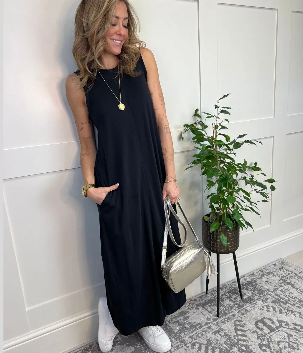 Black Sleeveless Jersey Midi Dress