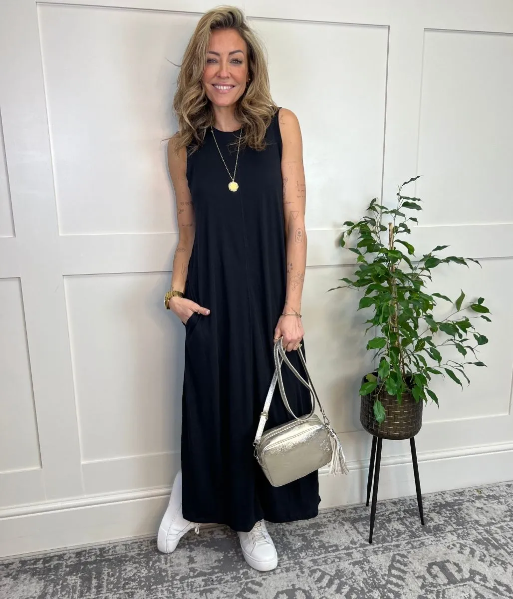 Black Sleeveless Jersey Midi Dress