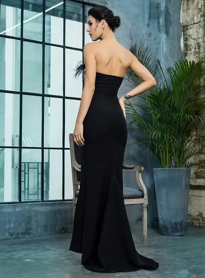 Black Strapless Cut Out Feather Long Dress