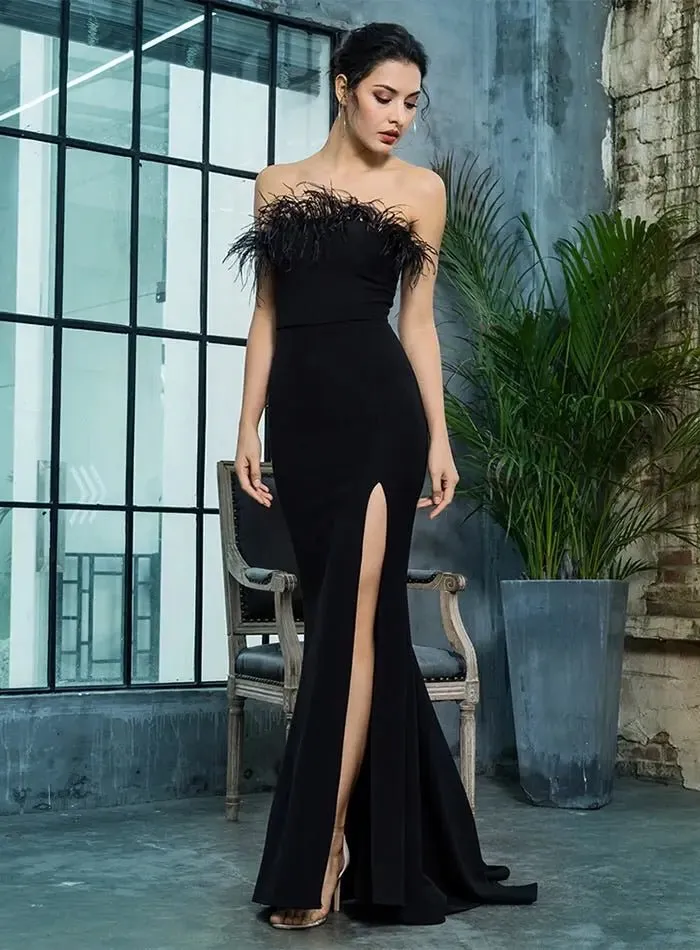 Black Strapless Cut Out Feather Long Dress