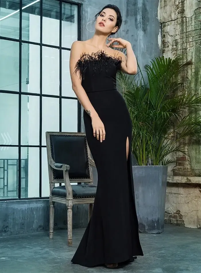 Black Strapless Cut Out Feather Long Dress