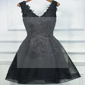 Black V-neck Lace Beaded A-line Short Homecoming Dress, Little Black Dress, SF0028