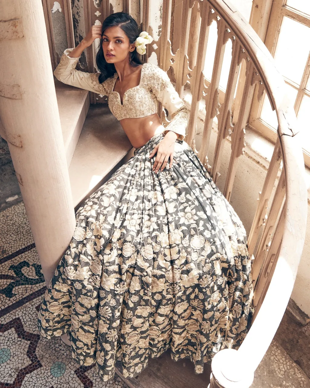 Black Vintage Floral Lehenga Set