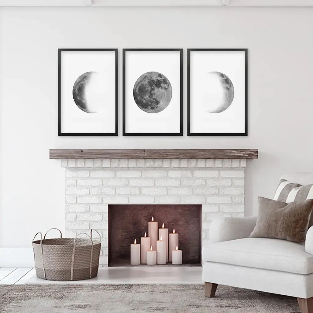 Black White MInimalist Moon Phases Wall Art. Set of 3 Prints