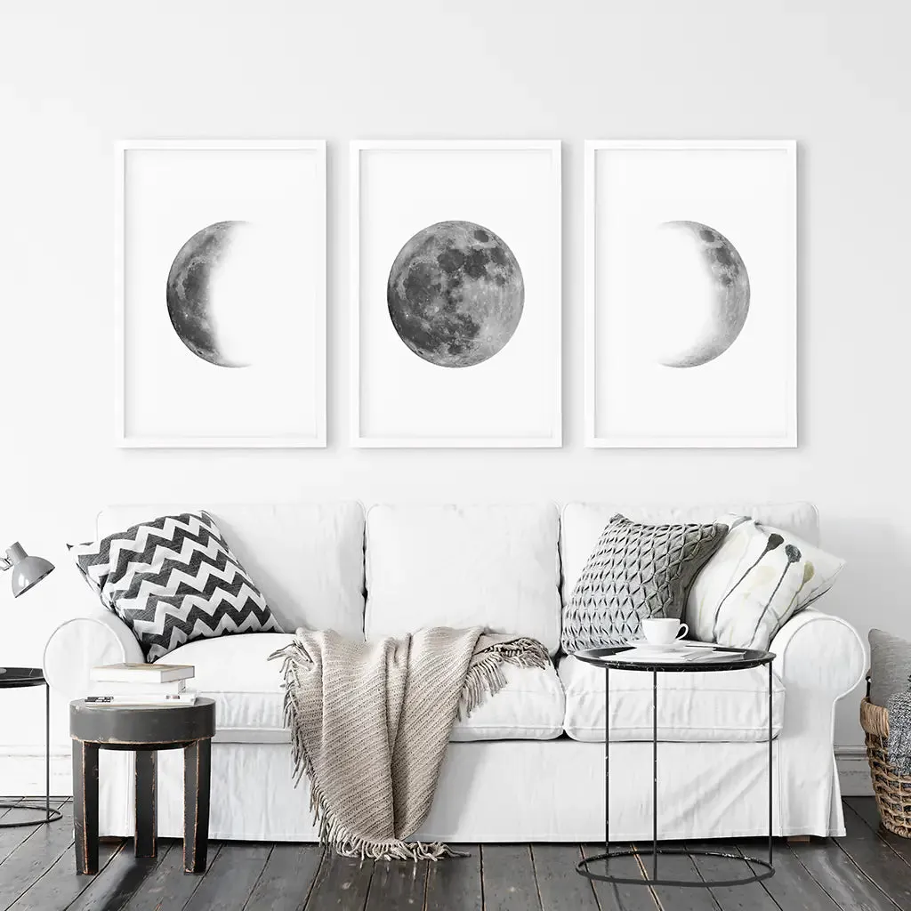 Black White MInimalist Moon Phases Wall Art. Set of 3 Prints