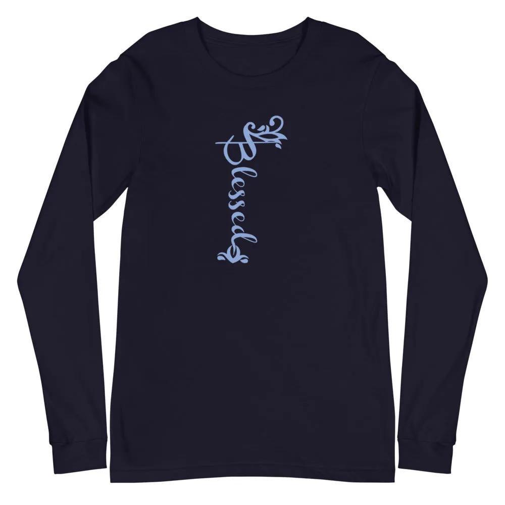 Blessed Ornamental Blue Font Long Sleeve Tee (Several Colors Available)