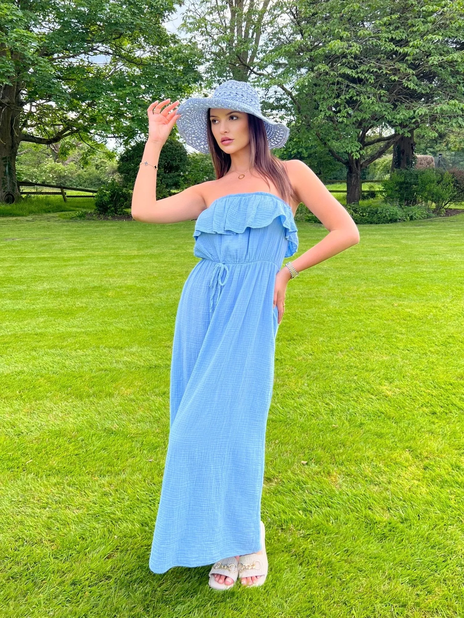 Blue Santorini Bardot Maxi Dress