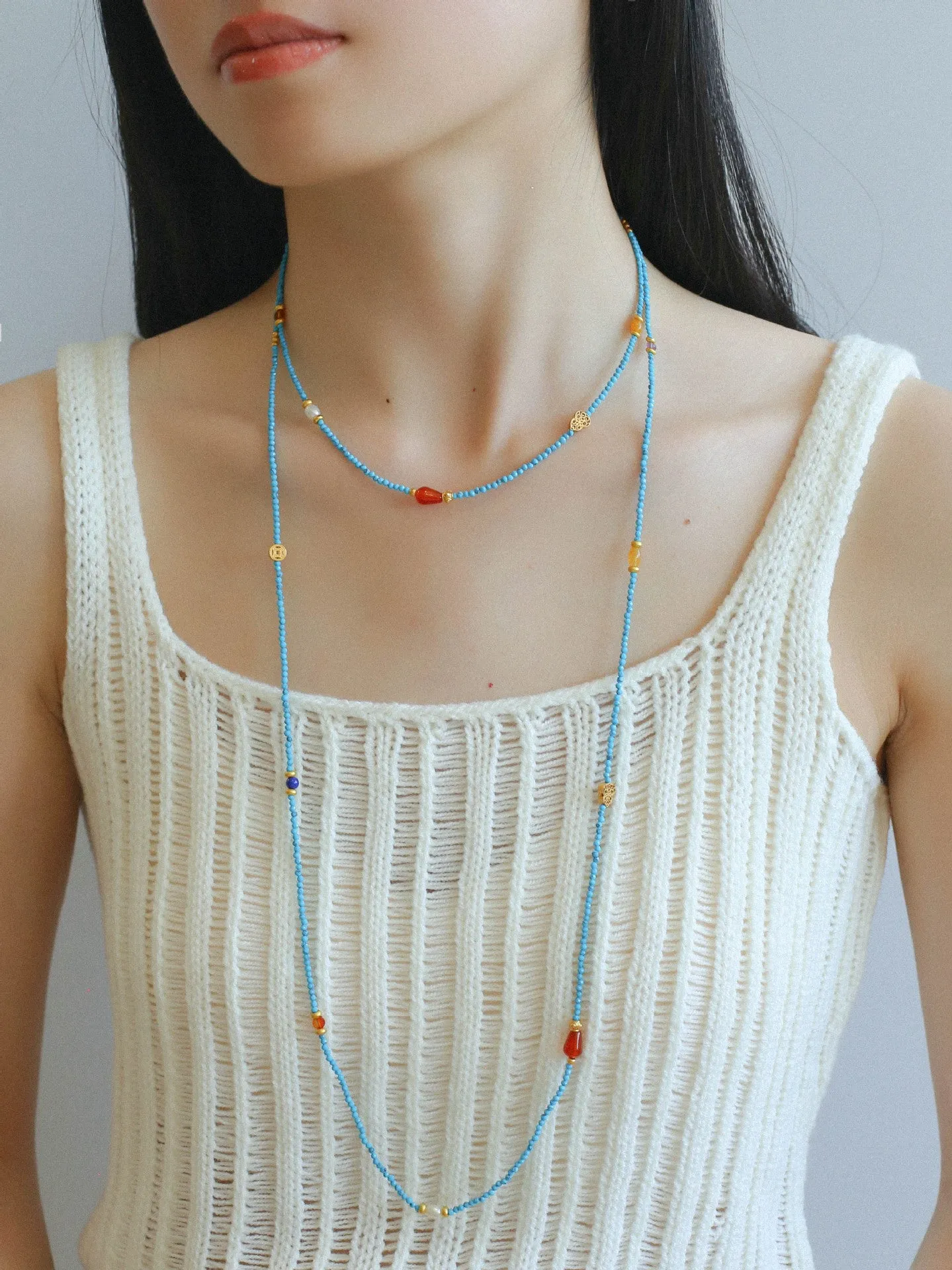 Blue Turquoise Red Onyx Multi-element Beaded Necklace