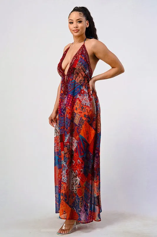 Boho Print Sequin Trim Maxi Dress