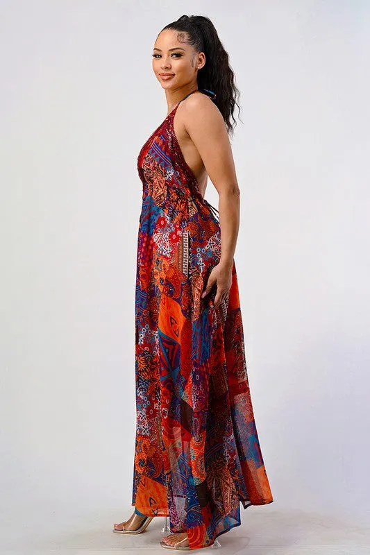 Boho Print Sequin Trim Maxi Dress