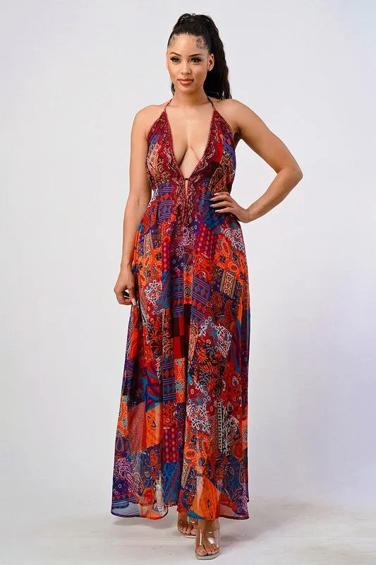 Boho Print Sequin Trim Maxi Dress