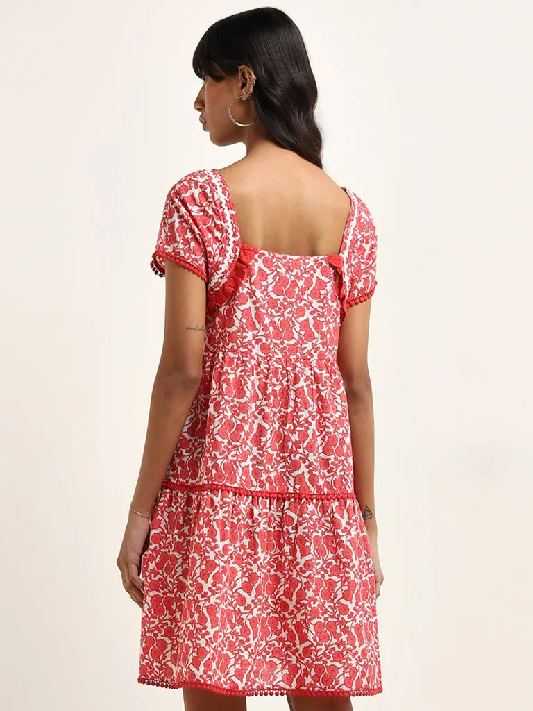 Bombay Paisley Red Floral Printed Tiered Cotton Dress