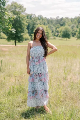 Botanical Tiered Maxi Dress- Blue Multi