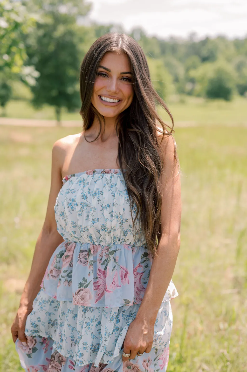 Botanical Tiered Maxi Dress- Blue Multi