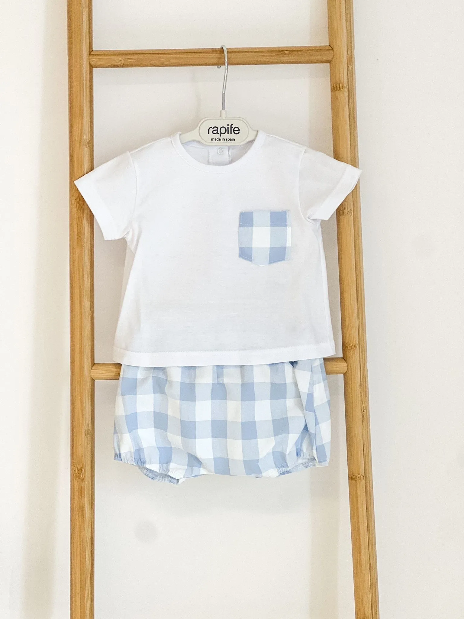 Boys Rapife Blue Gingham Pocket Shirt and Bloomer Set