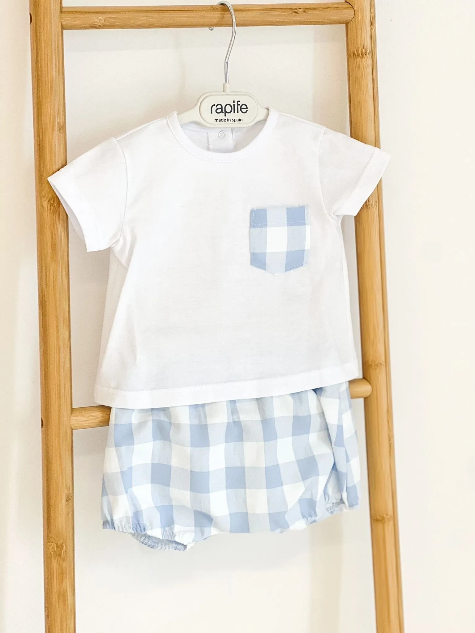 Boys Rapife Blue Gingham Pocket Shirt and Bloomer Set