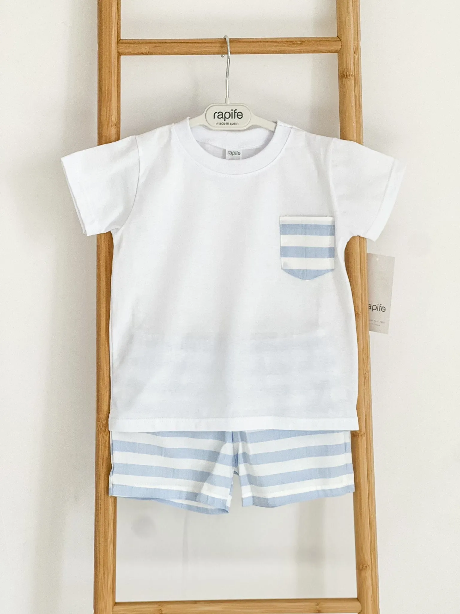 Boys Rapife White and Blue Stripe Pocket Shirt and Short Set