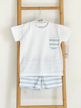 Boys Rapife White and Blue Stripe Pocket Shirt and Short Set