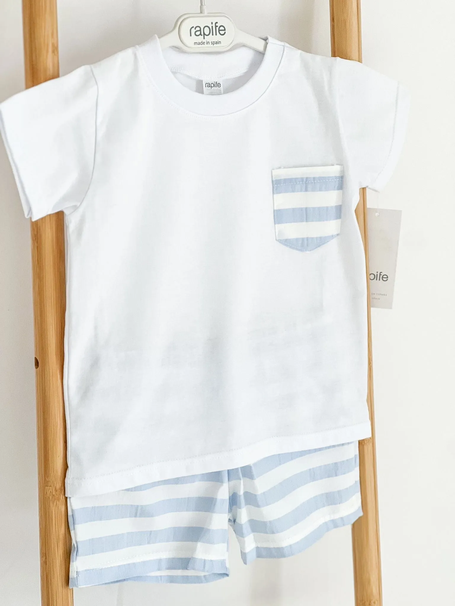 Boys Rapife White and Blue Stripe Pocket Shirt and Short Set