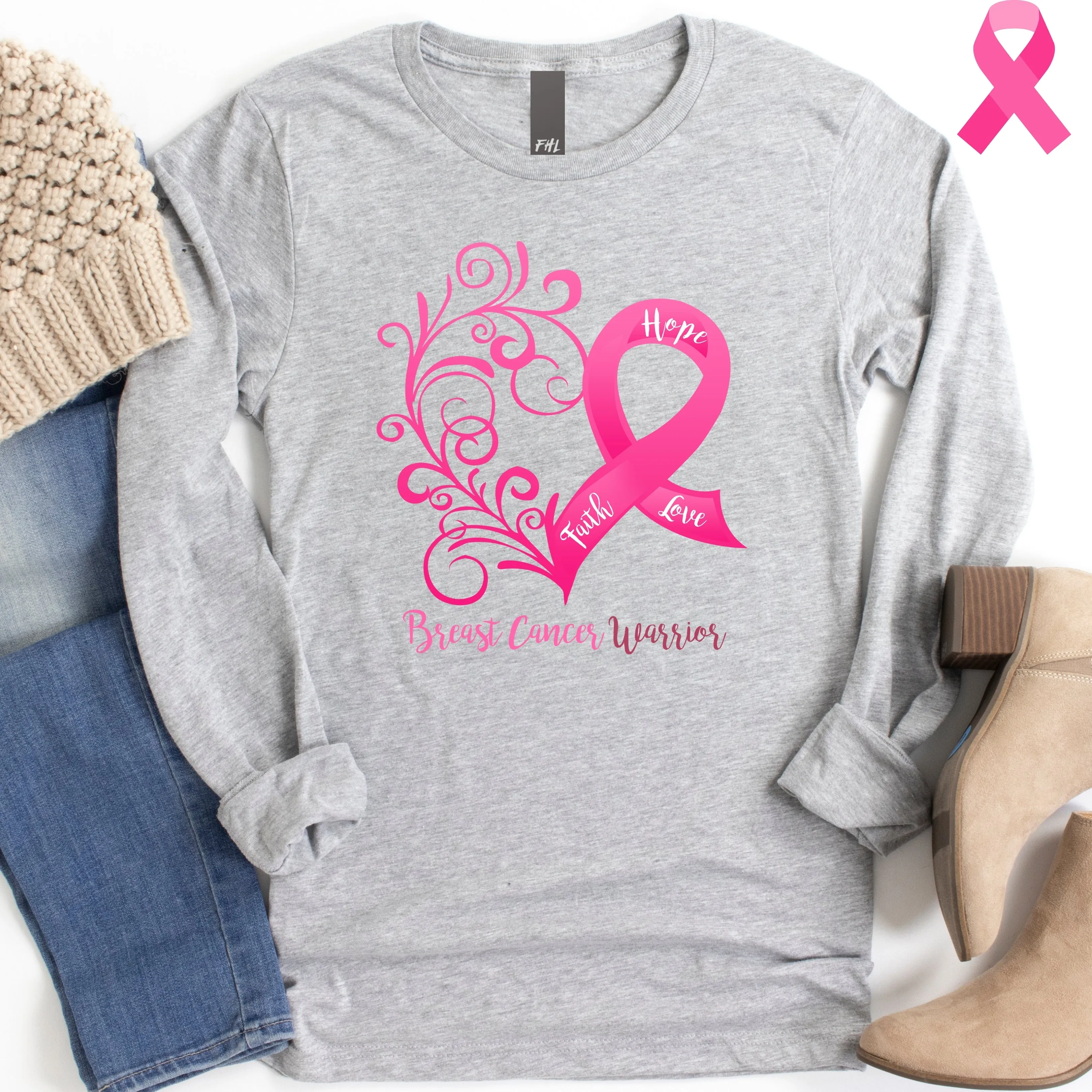 Breast Cancer Warrior Heart Long Sleeve Tee - Several Colors Available