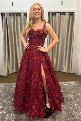 Burgundy 3D Flowers A-line Long Prom Dress Formal Gown, DP2013