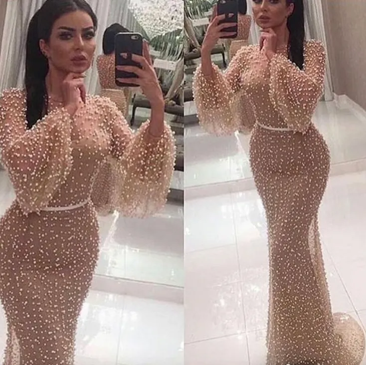 champagne evening dresses long sleeve mermaid beaded luxury evening gown vestido de Longo