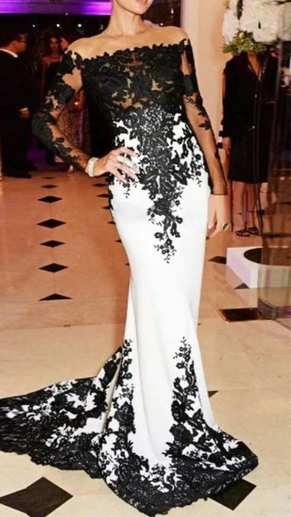 Chic White Satin Black Lace Mermaid Prom Dresses, Long Formal Dresses, SP887