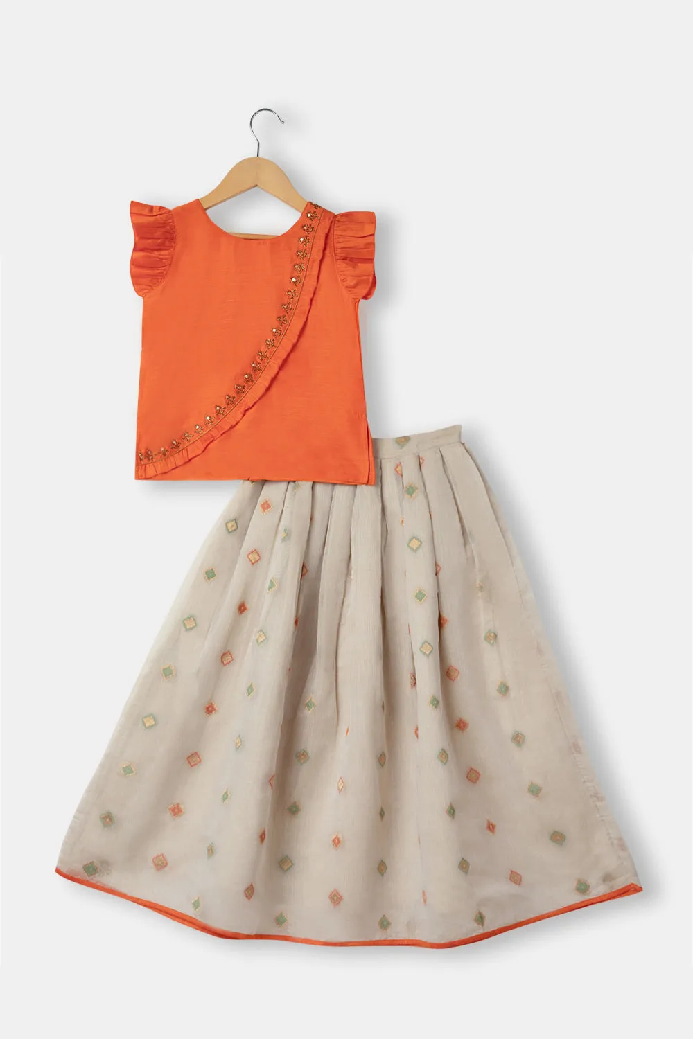 Chittythalli Girls Ethnic Wear Pavadai Set Ruffle Sleeves With Kasuti Hand Embroidery - Orange  - PS73