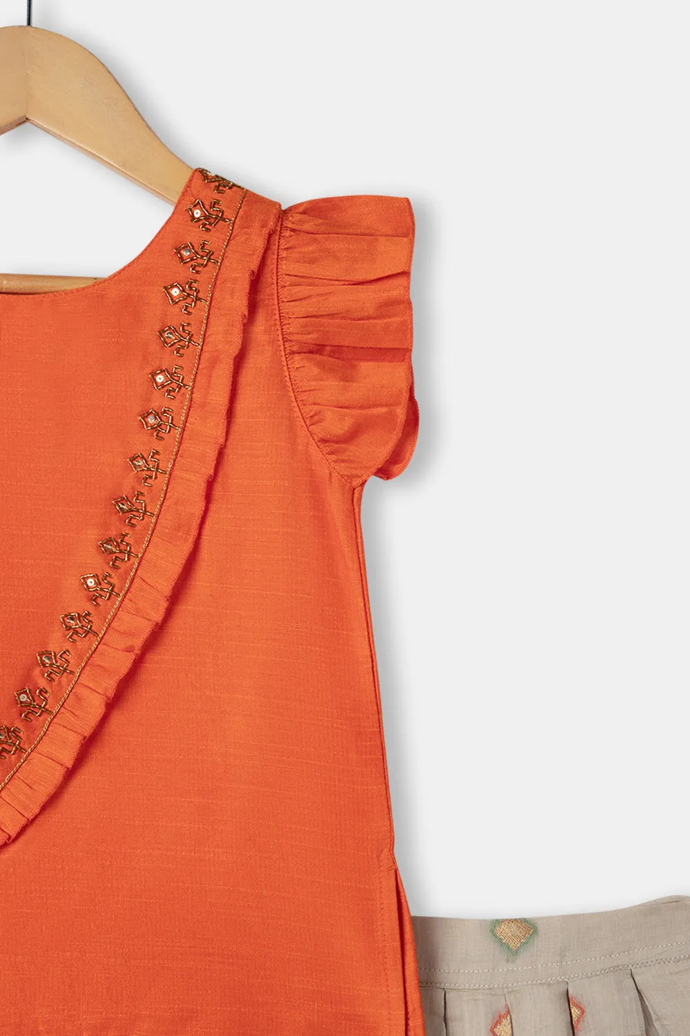 Chittythalli Girls Ethnic Wear Pavadai Set Ruffle Sleeves With Kasuti Hand Embroidery - Orange  - PS73