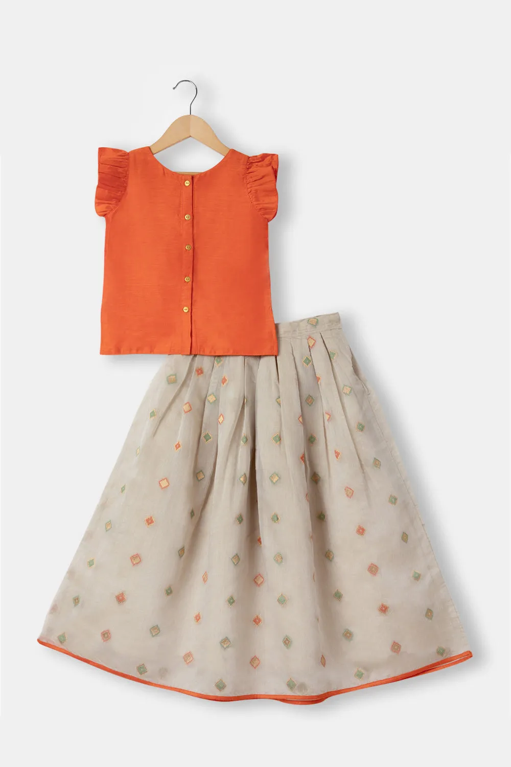 Chittythalli Girls Ethnic Wear Pavadai Set Ruffle Sleeves With Kasuti Hand Embroidery - Orange  - PS73