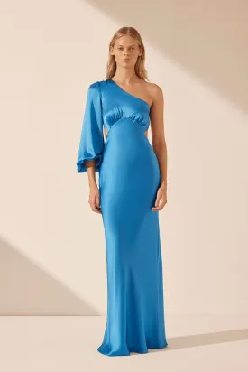 CIEL SILK ONE SHOULDER OPEN BACK MAXI DRESS