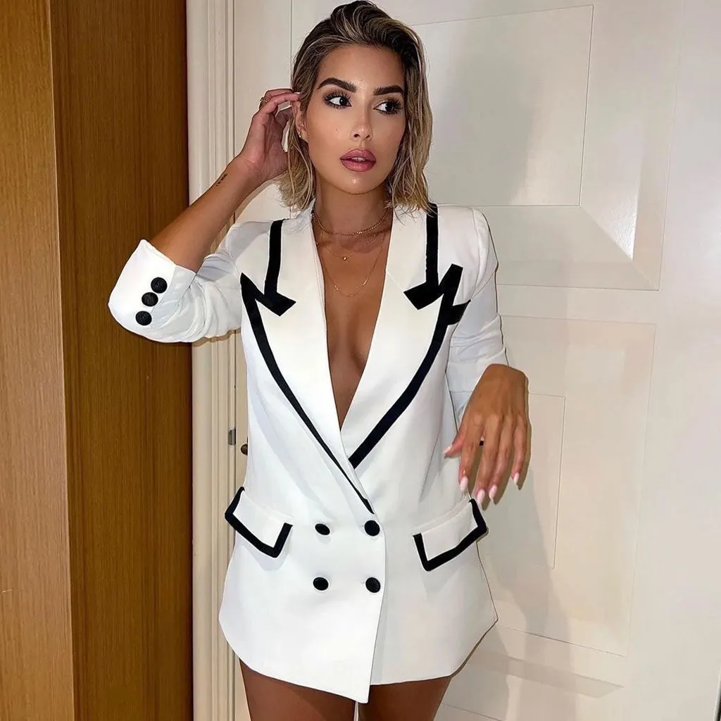 Contrast Peak Lapel Double Breasted Oversized Blazer Mini Dress - White