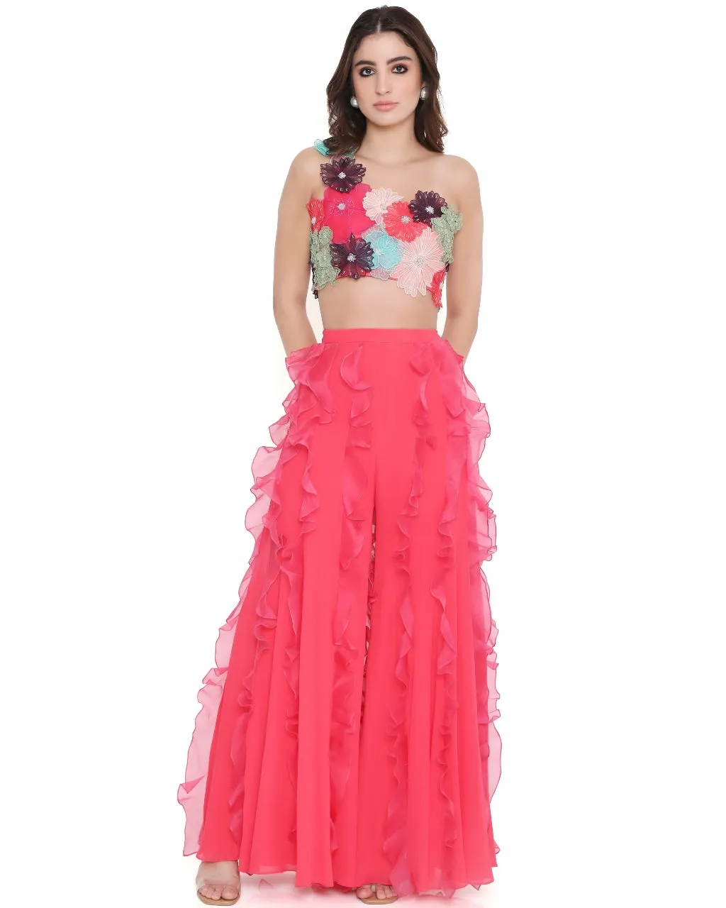 Coral 3D Floral Hot Pink Ruffles Sharara Set