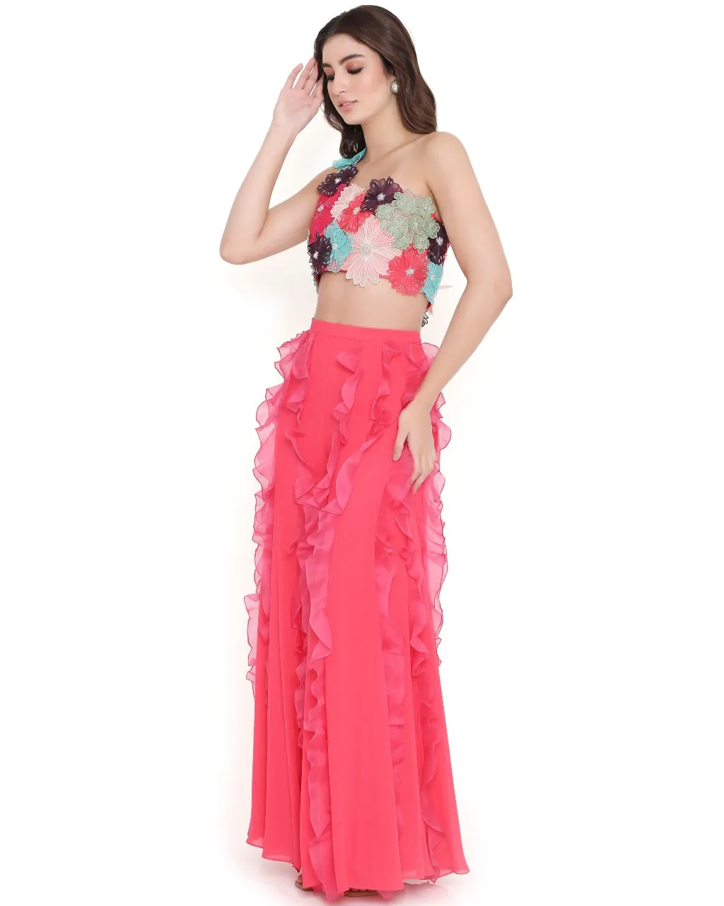 Coral 3D Floral Hot Pink Ruffles Sharara Set