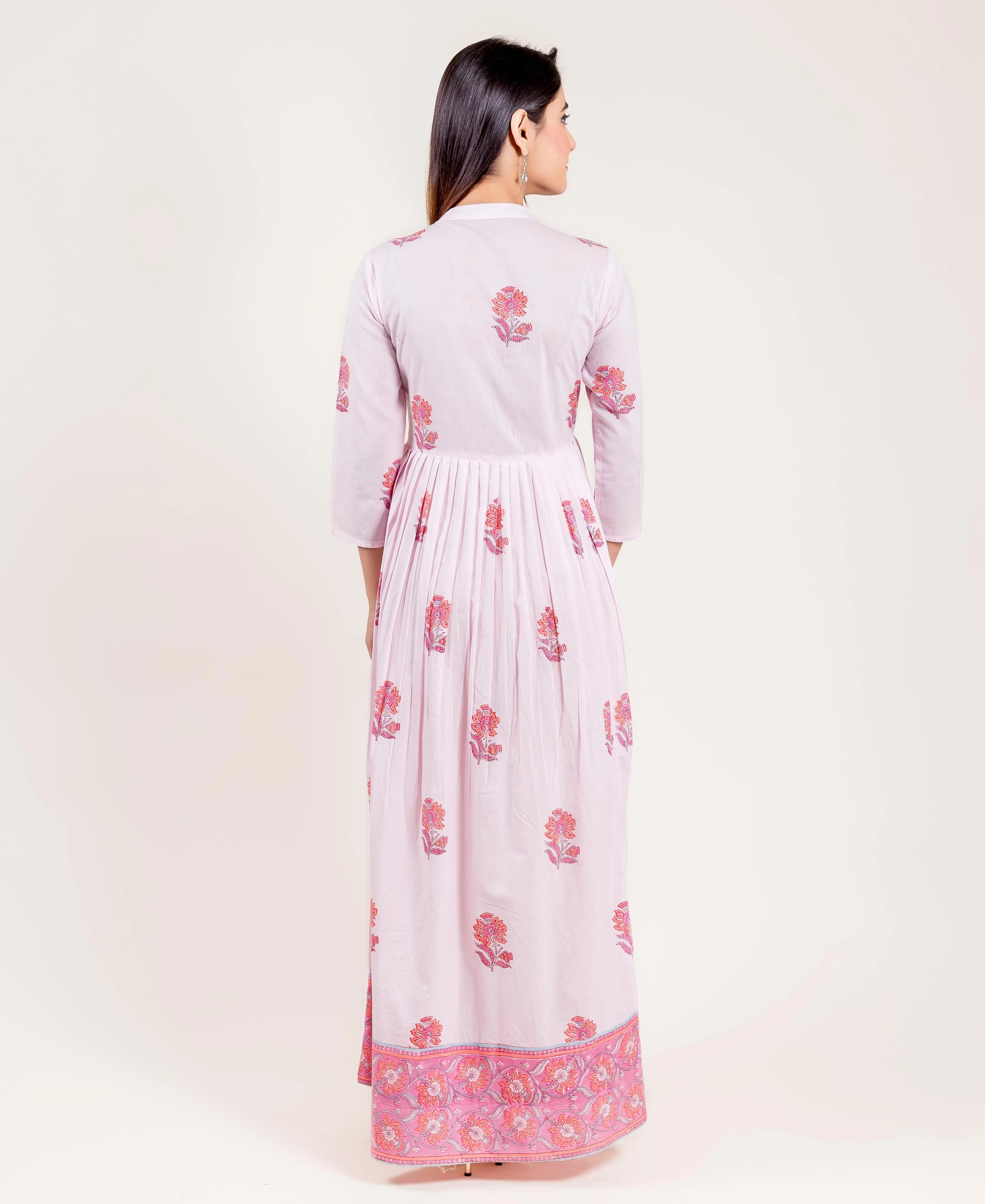 Cotton Hand Block Printed Pink Long Dress