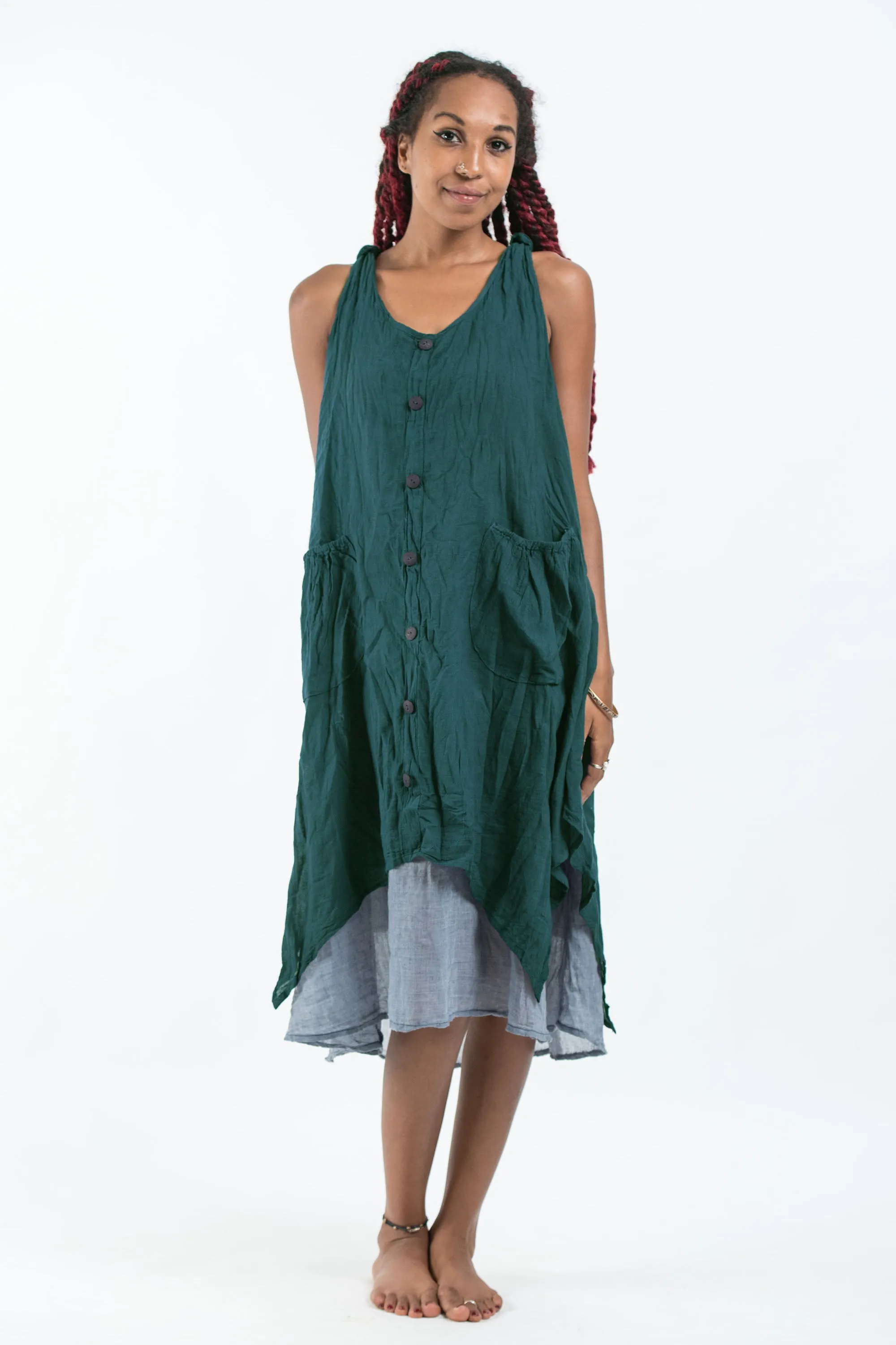 Crinkled Hill Tribe Cotton Tank Dress in Teal