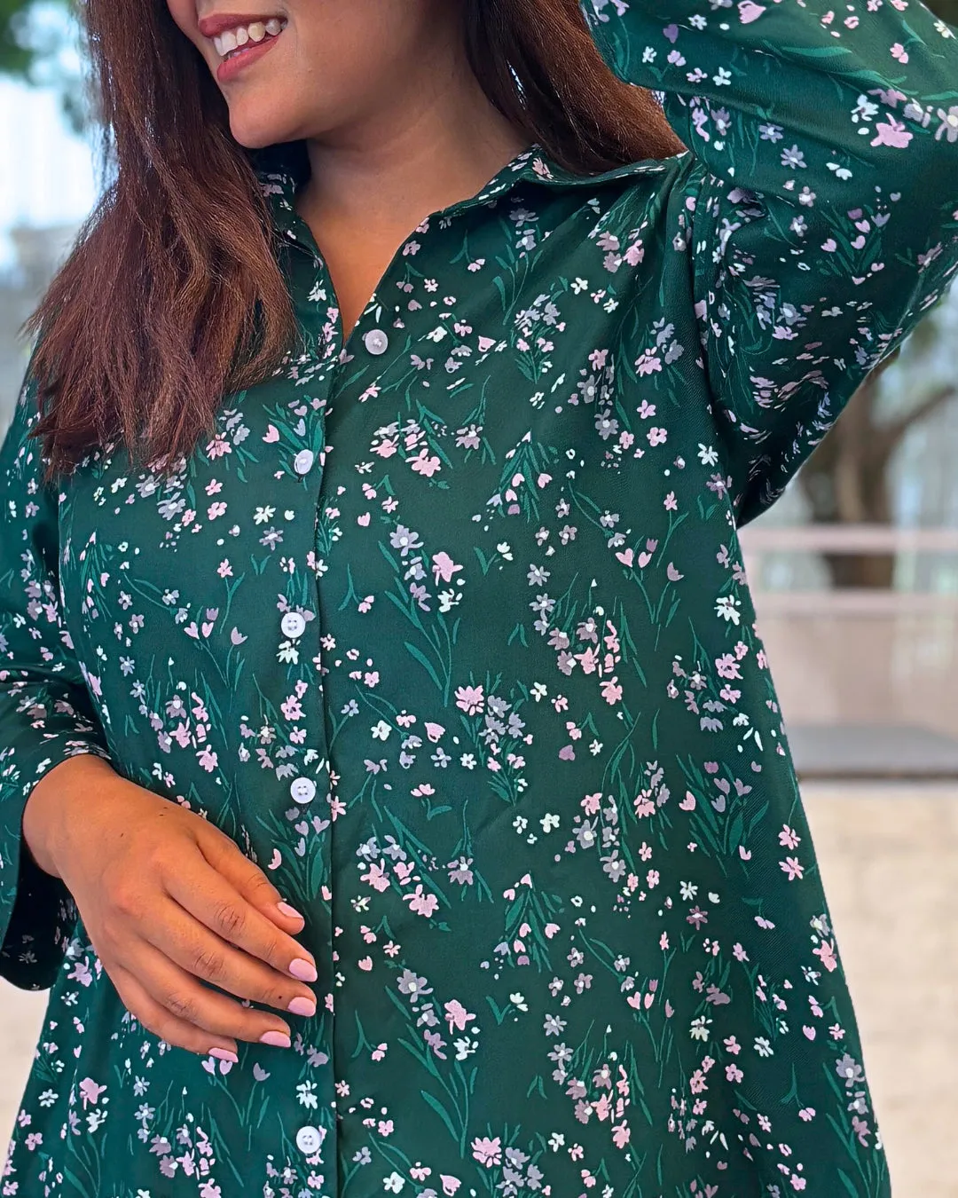 Daisy Green Printed Aline Shirt