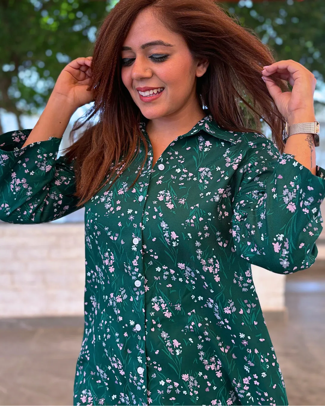 Daisy Green Printed Aline Shirt