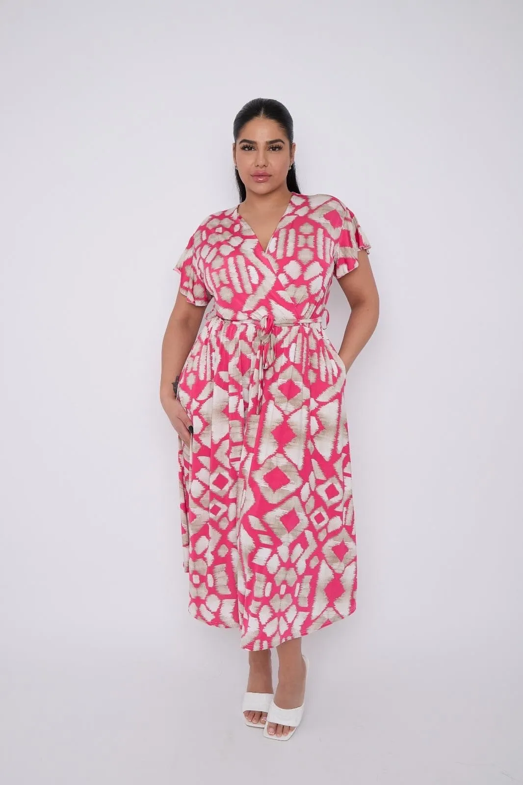 Dani Faux Wrap Dress in Pink Aztec Print