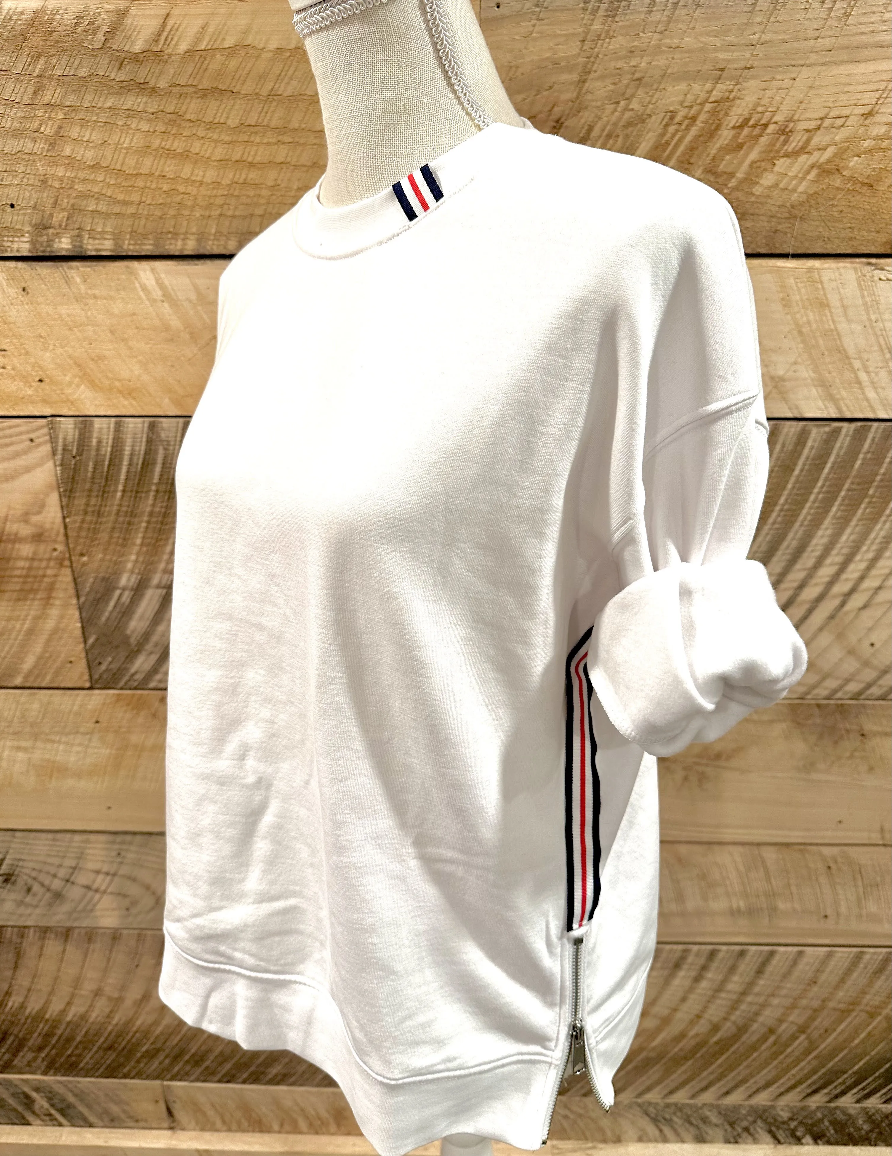 Danny Crew Neck Sweatshirt - White w Red, White & Navy Stripe Ribbon (Danny02)