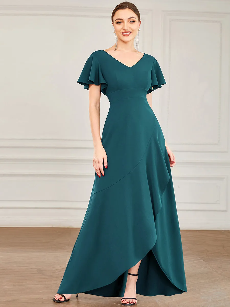 Deep V Neck Short Ruffles Sleeves Split Wholesale Evening Dresses