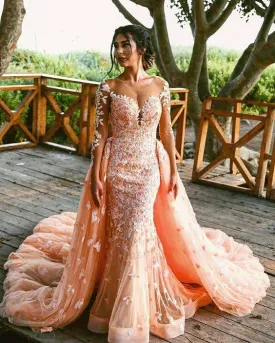 detachable train evening dresses long sleeve peach lace appliqué 3d flowers elegant evening gown 2020