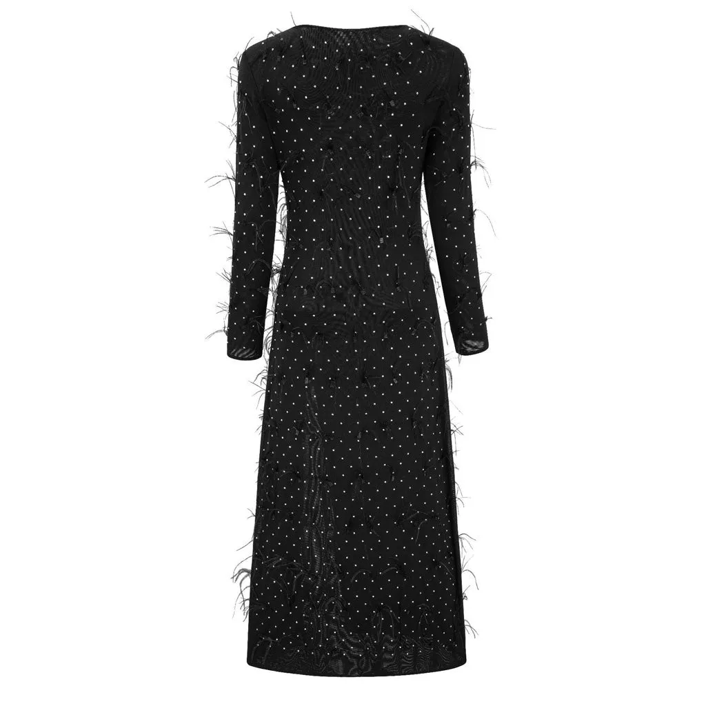 Elegant Faux Feather Rhinestone Mesh Long Sleeve High Split Evening Maxi Dress