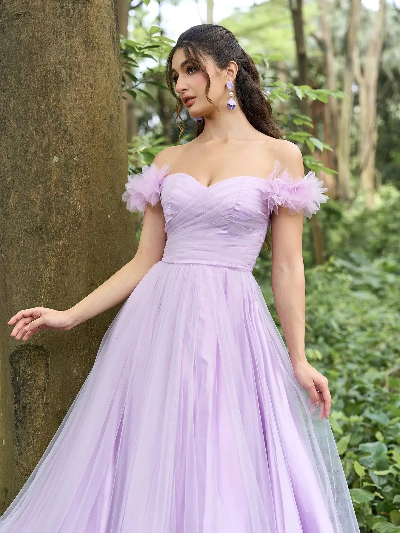 Elegant Off Shoulder Ruched Bust Split Thigh Tulle Prom Dress